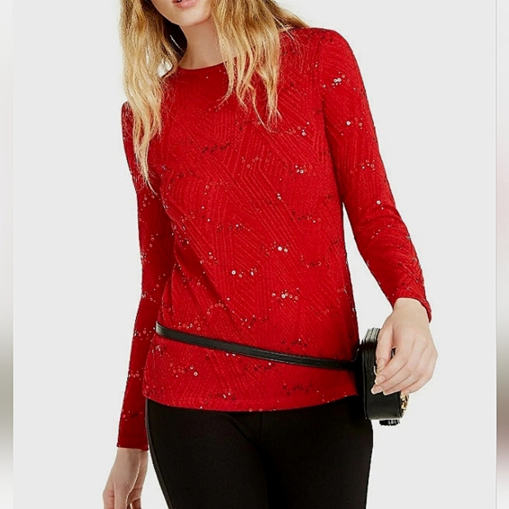 NWT $79 Michael Kors Womens Red Current Sequin Ribbed Top Size PM